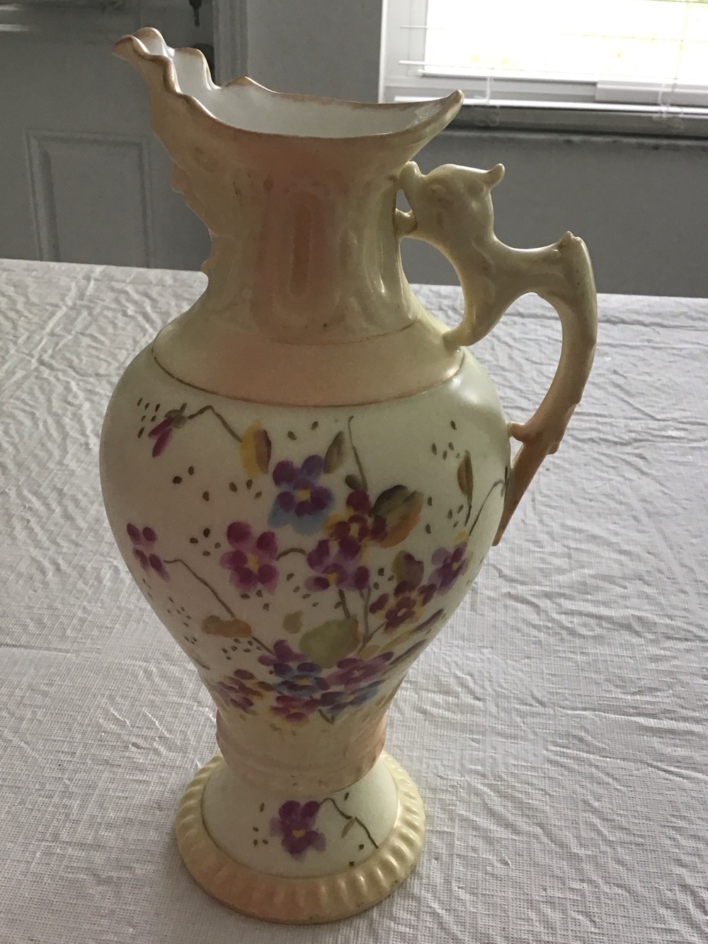 Antique 1880 Hand-Painted Porcelain Pitcher Vase in Cream and Purple Floral ##